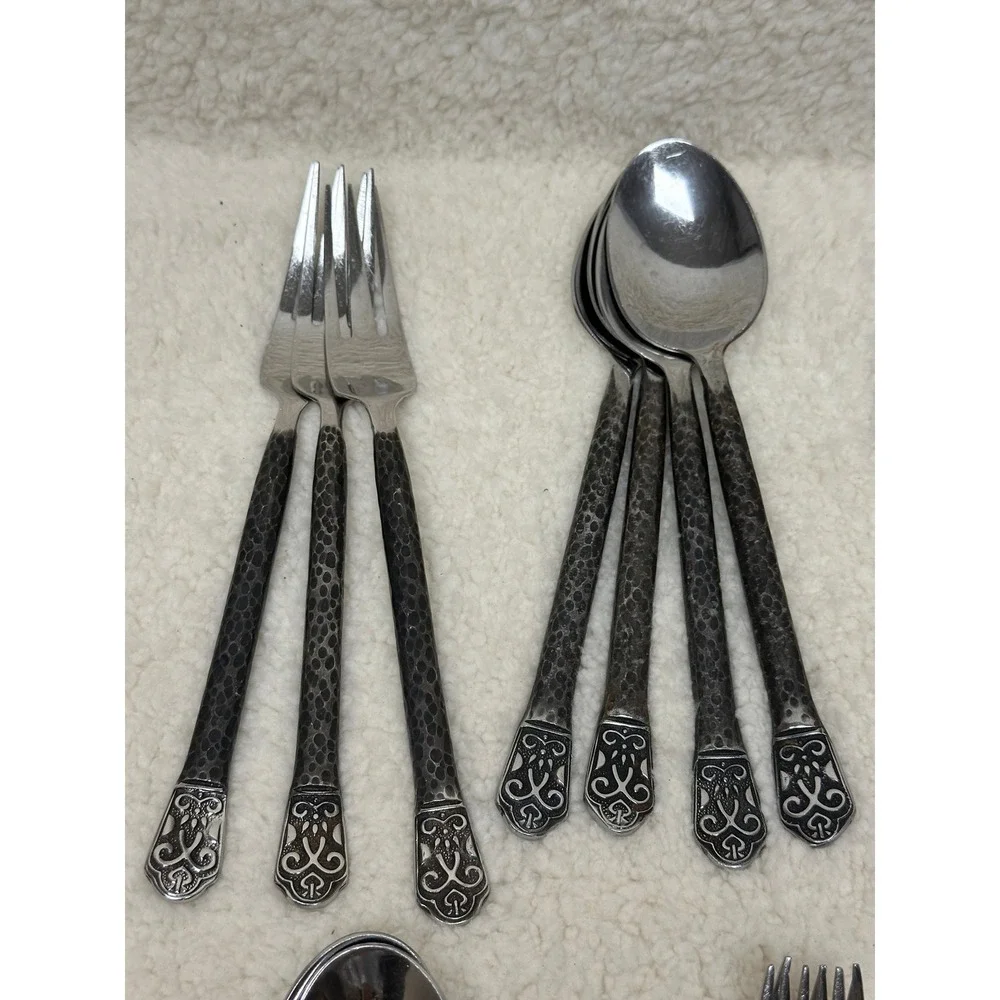 Mixed Lot 17pc Flatware Stainless Hammered Ornate Avalon Dark Metal